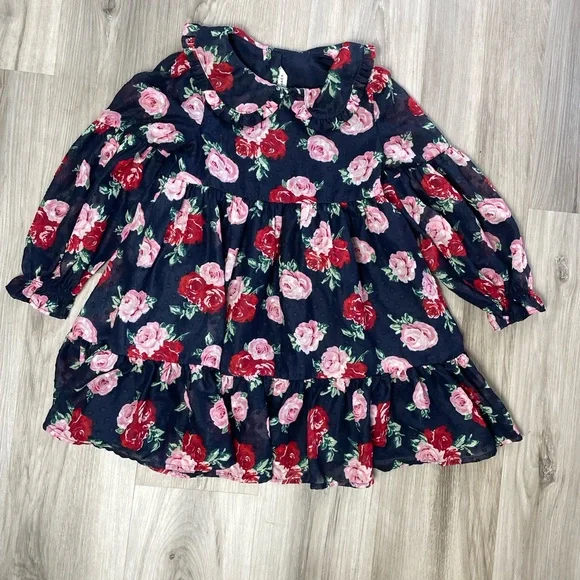 Janie & Jack Girls Floral Long Sleeve Rose Ruffle Dress Size 4 - Picture 3 of 9